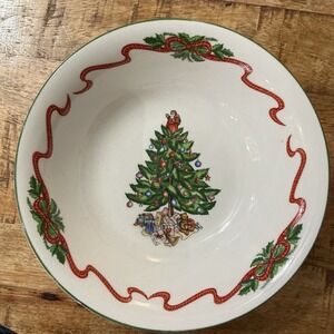 Tabletops Unlimited 8.5" Holly Ribbon Vegetable Serving Bowl Christmas Tree- 4